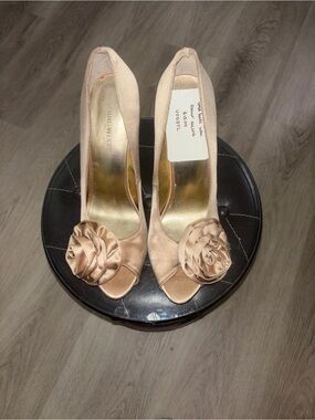 Nine West Blush Satin Peep-Toe Heels with Rosette